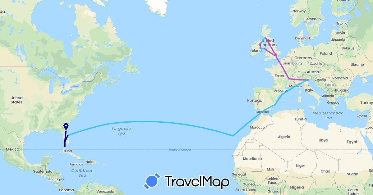 TravelMap itinerary: driving, plane, train, boat in Bermuda, Spain, France, United Kingdom, Ireland, Italy, United States (Europe, North America)